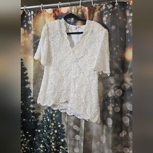 Laurence Kazar Ivory Scalloped Lace Blouse